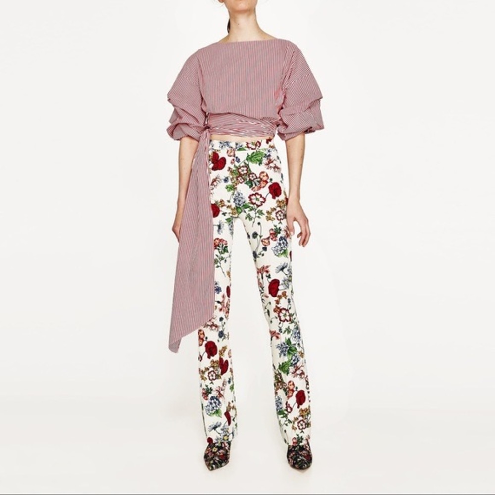 Zara white floral trouser pants